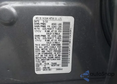 2020 Nissan Rogue Sv Fwd из США, поврежденный, VIN JN8AT2MT7LW041999